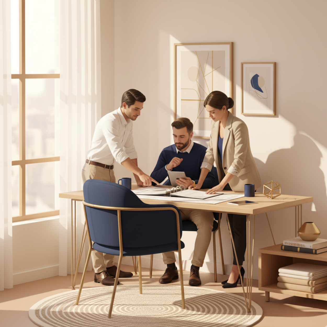 ثلاثة متخصصين في الأعمال يناقشون خطط المشاريع في مكتب عصري بأثاث خشبي.