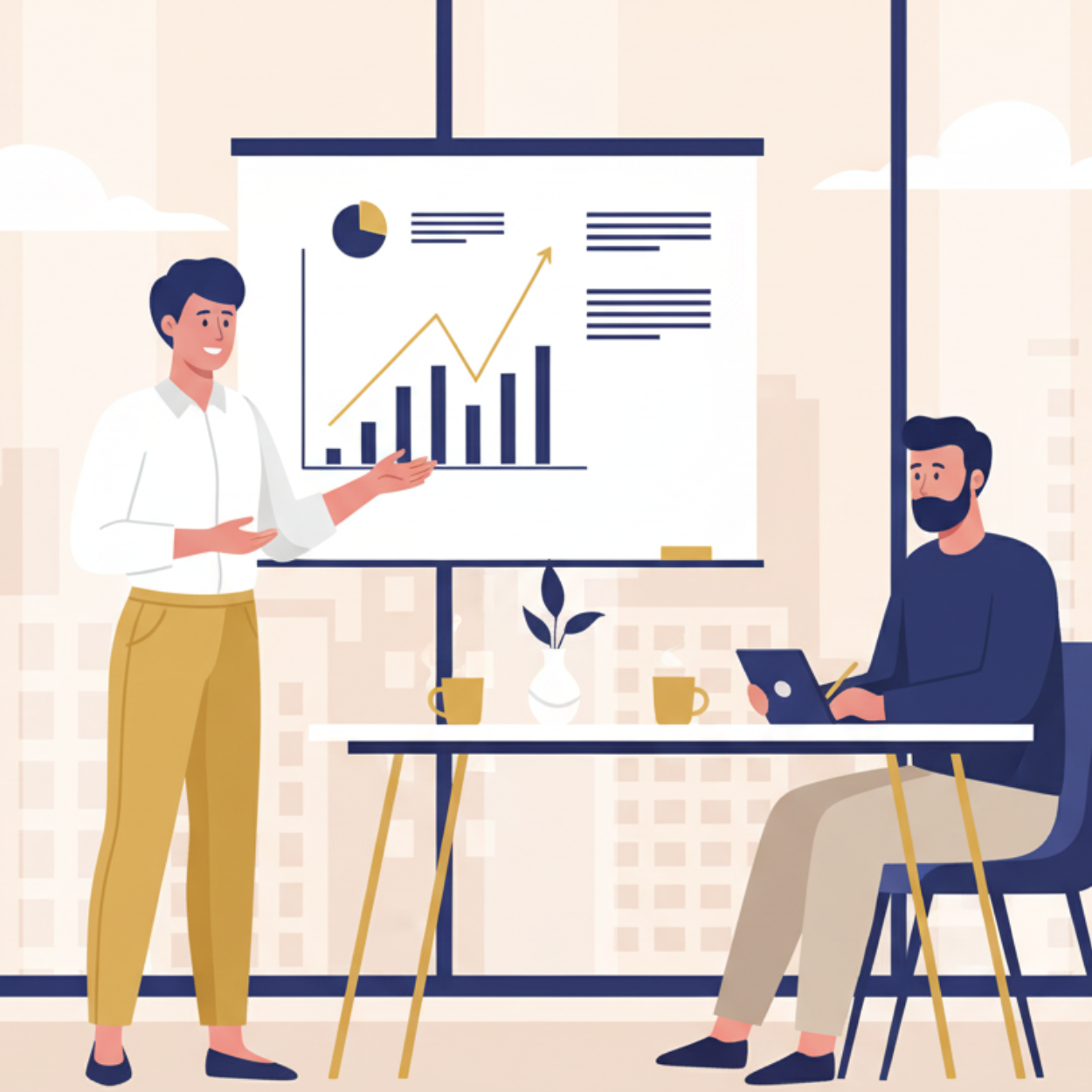 شخص يعرض أفكارًا على شاشة عرض بينما آخر يدون ملاحظات في اجتماع عمل تعاوني.