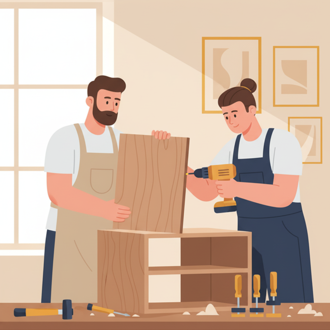 حرفيان محترفان يقومان بتجميع أثاث خشبي في ورشة عمل تعاونية.