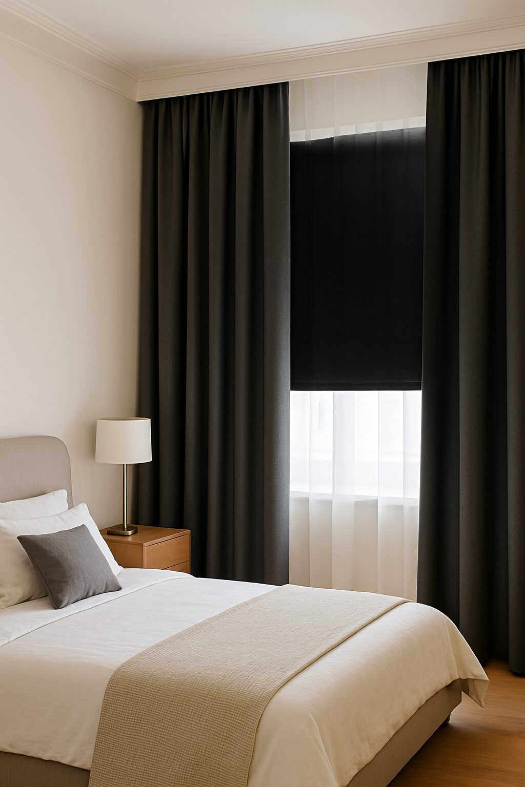 ستائر تعتيم سوداء في غرفة نوم مودرن مع طبقة شيفون بيضاء تسمح بدخول الضوء وتوفر خصوصية كاملة.