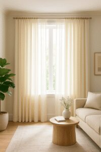 ستائر فاتحة بلون كريمي في غرفة معيشة مودرن مع ضوء طبيعي قوي لخلق إحساس بالاتساع والفخامة.