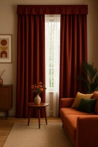 ستائر باللون النبيتي في غرفة معيشة مودرن مع ديكور دافئ وأريكة بلون ترابي وطاولة خشب بسيطة.