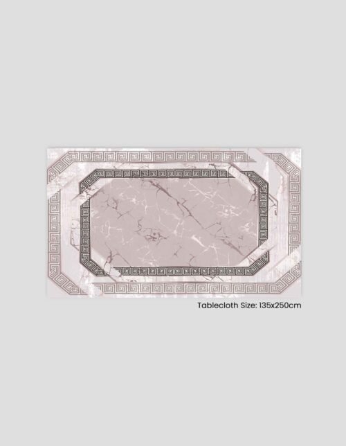 مفرش طاولة بتصميم رخامي بلون وردي مع حواف مزخرفة، بحجم 135x250 سم