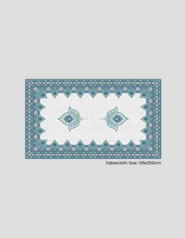 A tablecloth decorated in blue and green colors, measuring 135x250 cm