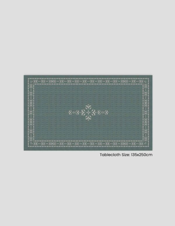 A patterned dark blue tablecloth, measuring 135x250 cm