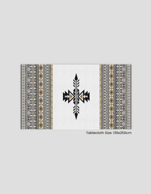 A tablecloth with a geometric design in black and yellow, measuring 135x250 cm.