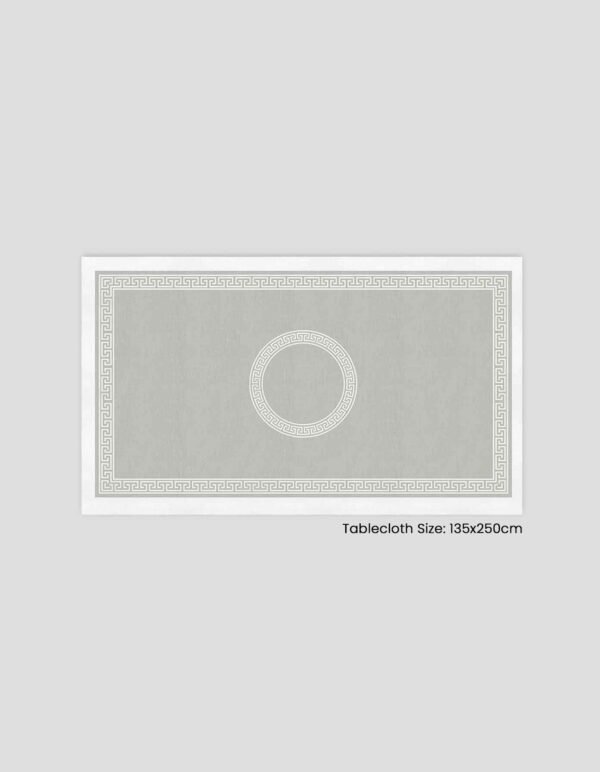 Tablecloth size: 135x250 cm, with a geometric design around the edges
