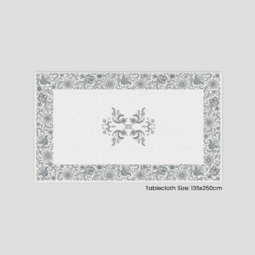 A tablecloth decorated in calming colors with floral details, measuring 135x250 cm