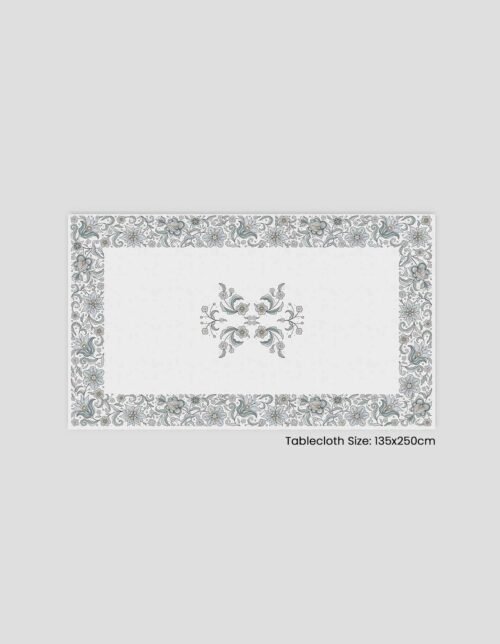 A tablecloth decorated in calming colors with floral details, measuring 135x250 cm