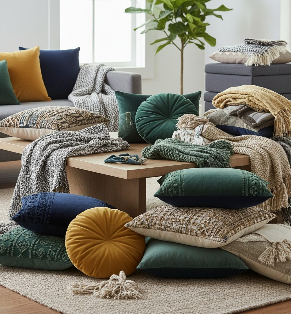 مفروشات معيشة تشمل كوشن وخداديات وكوفرات كنب ومشايات بتصميمات عصرية وجودة عالية