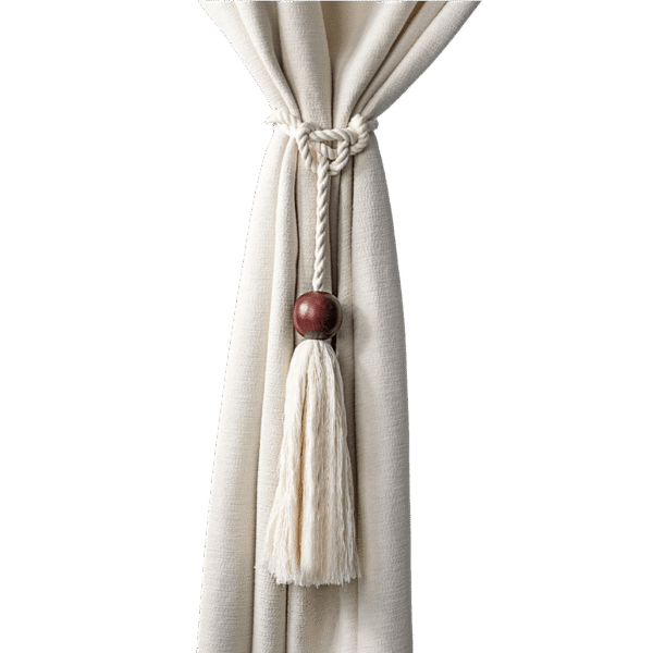 Beige curtain tieback with knot, wooden bead, and hanging tassel