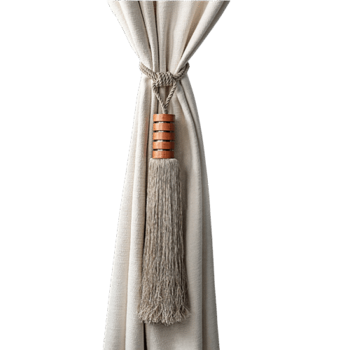 Curtain tiebacks with wooden rings