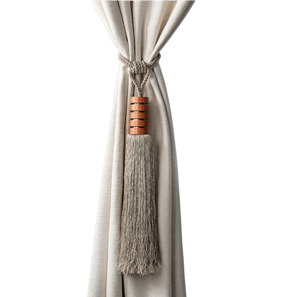 A beige curtain gathered with a tassel, made of soft threads and striped copper wooden beads on a black background.