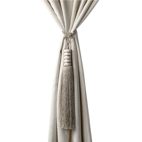 Beige curtain with tassels and wooden beads A beige curtain tied with a gray-beige tassel featuring striped wooden beads on a black background.