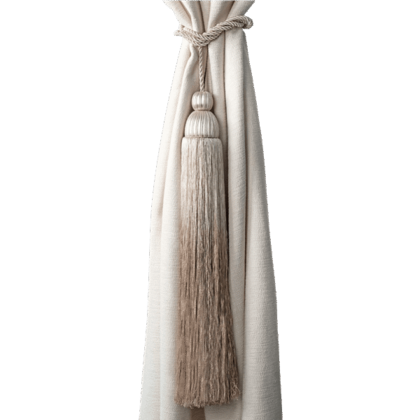 A beige curtain tied with a long gray-beige tassel in soft threads against a black background