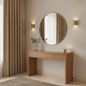 The design of the entrance to a luxury apartment, in a style of quiet elegance, includes a sophisticated wooden console, a round mirror with a gold frame, and soft velvet curtains from Petalize.
