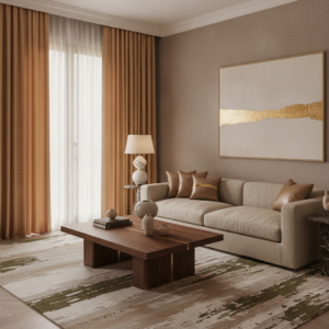 Luxurious curtains from Petalize coordinate beautifully with elegant furniture in warm nude and beige tones.