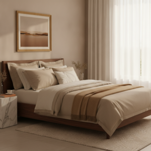 Luxurious white Egyptian cotton bed linens in a serene luxury style for an elegant bedroom