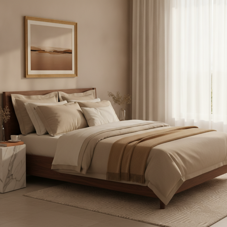 Luxurious white Egyptian cotton bed linens in a serene luxury style for an elegant bedroom